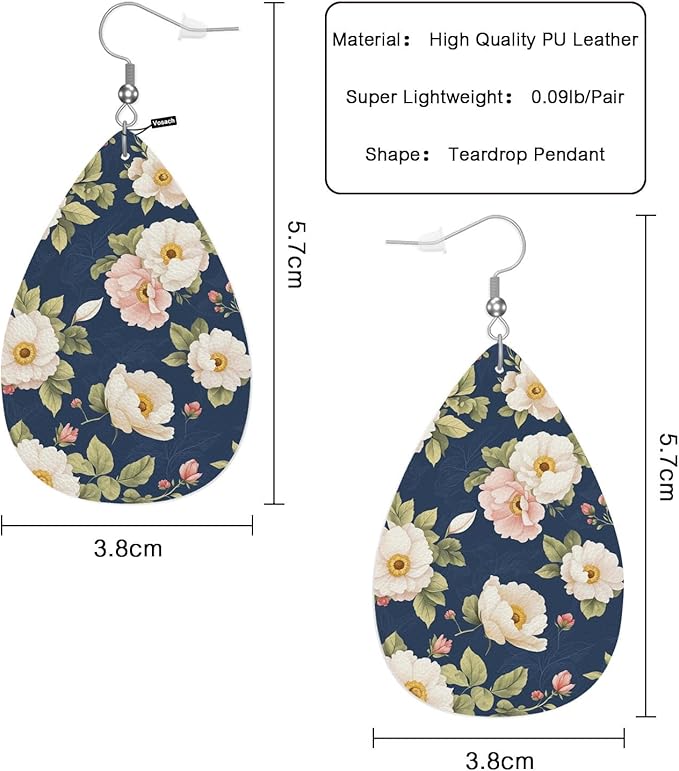 White Floral Leather Teardrop Hook Earrings Retro Wild Flower Peony Daisy Elegant Earrings For Women Friends Dangle Earrings