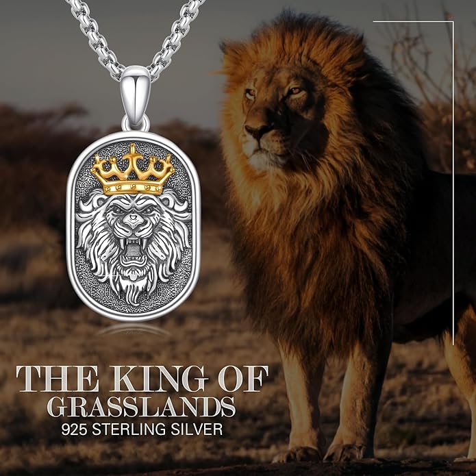 Cuoka Lion Necklace for Men Women S925 Sterling Silver King Retro Punk Gothic Hip Hop Rock Animal Lion Head Pendant Charm Jewelry Chain Necklace Viking Protection Amulet Necklaces