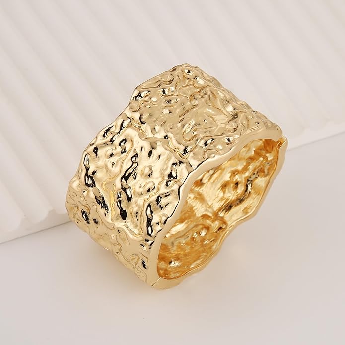 HZMAN 18K Gold Plated Wide Cuff Bracelet for Women - Premium Alloy Shiny Polished Double Layer Statement Bangle, Trendy Daily Wear Party Jewelry Accessory