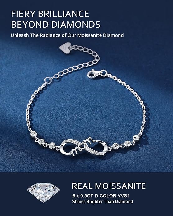 EleShow Moissanite Infinity Bracelet for Mom, 925 Sterling Silver Bracelet for Women, Hypoallergenic Jewelry Gift for Mom from Daughter, Son for Birthday, Valentine's Day
