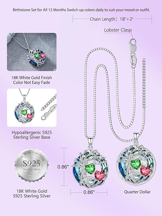 TOUPOP s925 Sterling Silver Family Celtic Tree of Life Pendant Necklaces with 2 Heart Birthstone with Blue Austrian Crystal Jewelry Birthday Valentines Day Gifts for Her, Anniversary Christmas Gifts for Wife Girlfriend Mom (18K Real White Gold Filled)