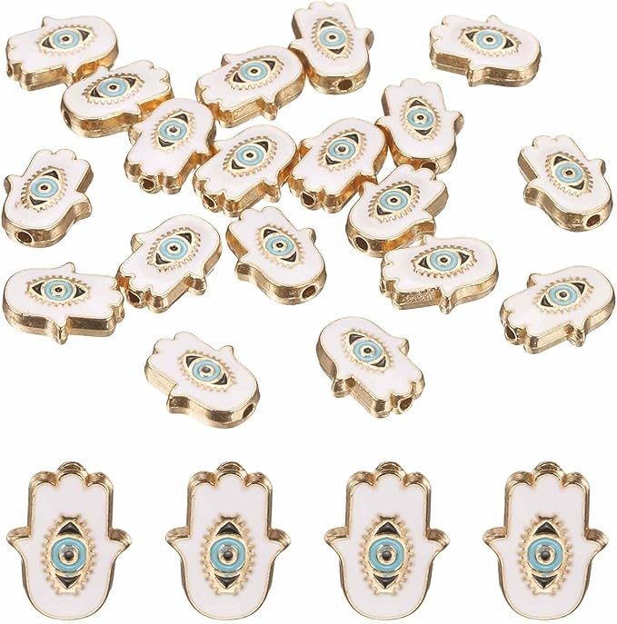 MECCANIXITY 20 Pcs Hand Evil Eye Beads Colorful Flat Loose Spacer Evil Eye Charms for DIY Bracelet Earrings Necklace Crafts Jewelry Making, White