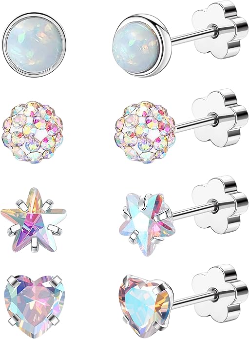4Pairs 14K Gold Stud Earrings for Women Girls 316L Stainless Steel Hypoallergenic Earrings 20G Flat Back Handmade Nap Earrings Cute Screw Back Opal Heart Star Cartilage Earrings