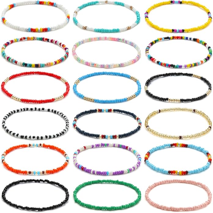 XIJIN 18 Pieces Elastic Beaded Anklets for Women Handmade Beach Boho Colorful Beads Ankle Bracelets Set