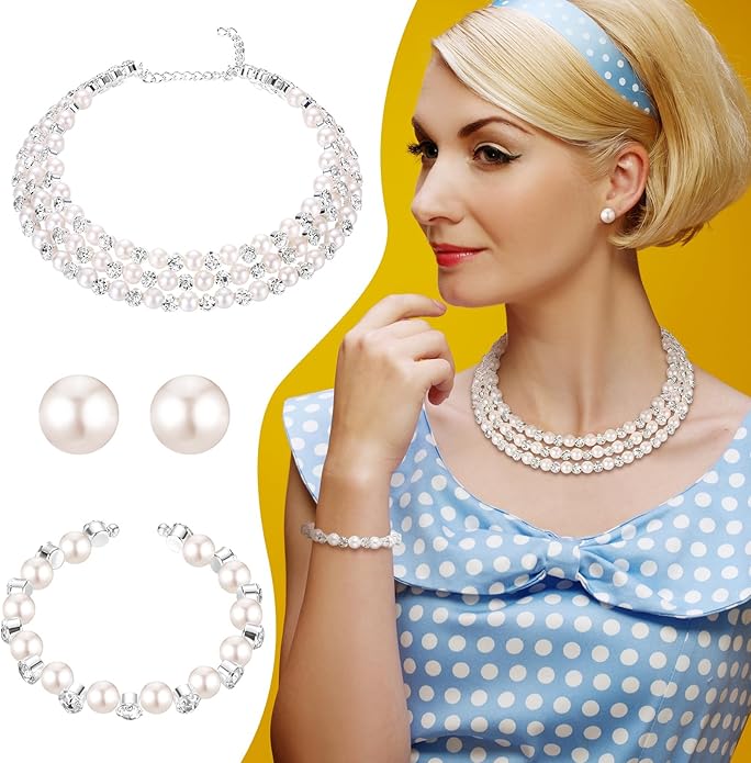 Glenmal Pearl Rhinestone Jewelry Set for Women Pearl Necklace Bracelet Earrings for Wedding Birthday Bridal Shower Tea Party