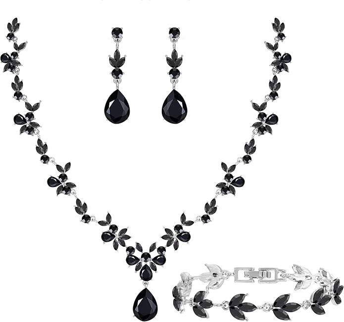 Bridal Wedding Elegant Floral Jewelry Set for Women/Brides/Bridesmaids Crystal Jewelry Set for Wedding Prom Party Bridal Crystal Necklace Earrings Bracelet Set