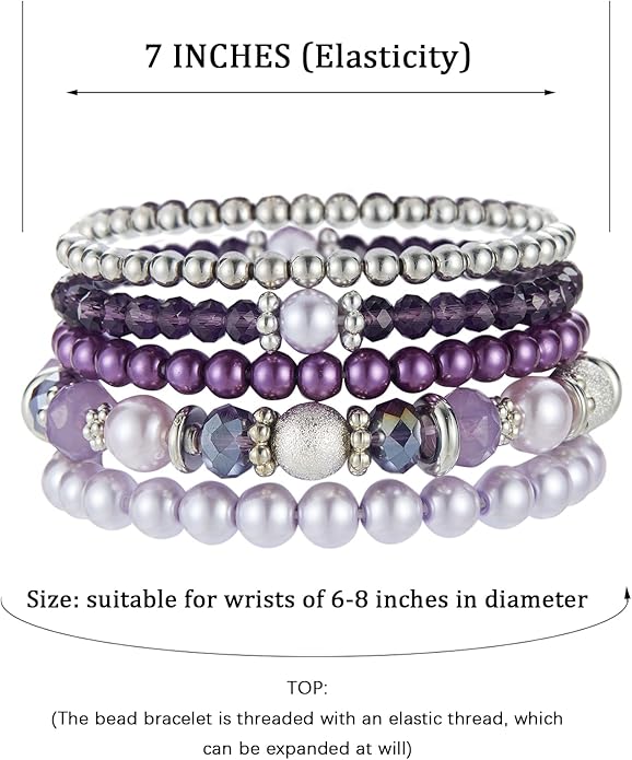 Noessla Beaded Pearl Stretch Bracelet Silver Stackable Crystal Beads Bracelets Trendy Costume Jewelry Mothers Day Gifts for Women