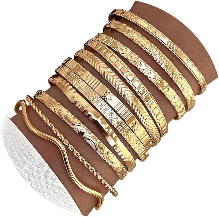 17IF Gold Bangle Bracelet For Women, 14k Multilayer Charm Textured Stackable Bracelets Boho Indian Chunky Cuff Fashion Jewelry Gift