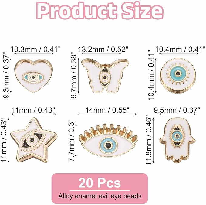 MECCANIXITY 30 Pcs Evil Eye Beads Bulk Colorful Alloy Enamel Loose Spacer Charm Beads for DIY Bracelet Earrings Necklace Crafts Jewelry Making, White