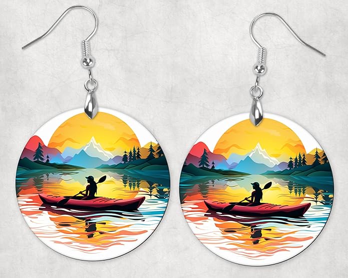 Round Wood Earrings Light Weight Printed Image Dangle Jewelry