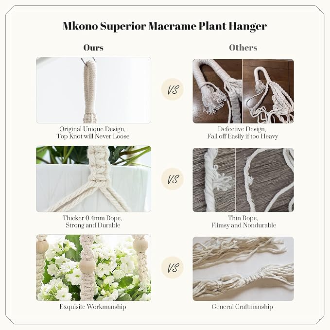 Mkono Macrame Plant Hanger Indoor 35 Inch Hanging Planter Basket Ivory 2Pcs | - Image 5