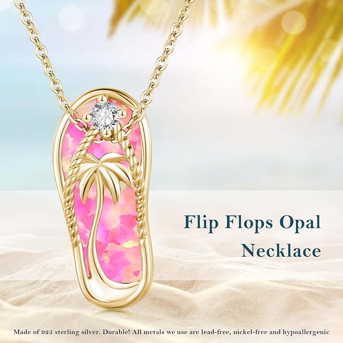 Midir&Etain Ocean Necklace 925 Sterling Silver Blue Opal Necklace Starfish/Flip Flop/Shark Pendant Beach Ocean Jewelry for Women