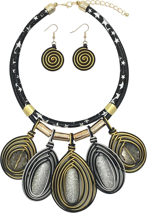 Statement African Necklace For Women African Jewelry Costume Earring Sets Tribal Fashion Colorful Big Rhinestone Crystal Pendent Collar Choker Bold Chunky Bib Handmade