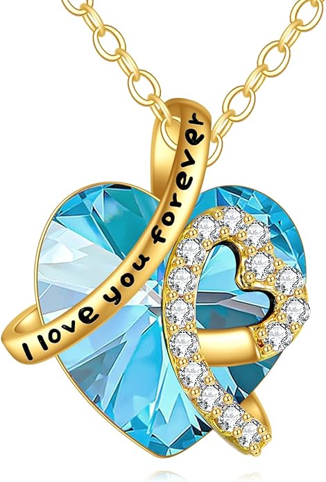 KECHO 14K Real Gold I Love You Forever Necklace Solid Yellow Gold Heart Birthstone Crystal Pendant Jewelry Birthday Mother's Day Anniversary Christmas Gifts for Women