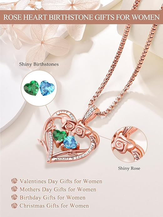 Rose Heart Necklaces for Women, Rose Gold Forever Love Jewelry with 2 Birthstones Pendant,Valentines Anniversarry Birthday Gifts for Her Wife Mom Grandma Daughter, 18+2 Inch Chain