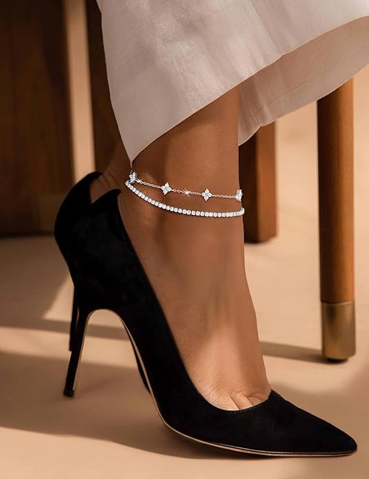 RLMOON Gold Anklets for Women CZ Ankle Bracelet 14K Gold/Silver Plated Waterproof Dainty Layered Tennis Heart Dot Chain Silver Anklets Trendy Foot Jewelry