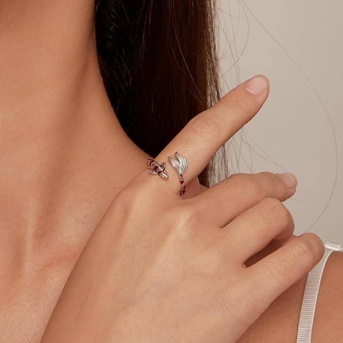WOSTU Animal Open Adjustable Ring Playful Cat Dachshund Snake Koi Fish Hummingbird Bat Heart Feather Stacking Ring for Women, Sterling Silver Plated Pet Memorial Jewelry Gift for Cat Lovers