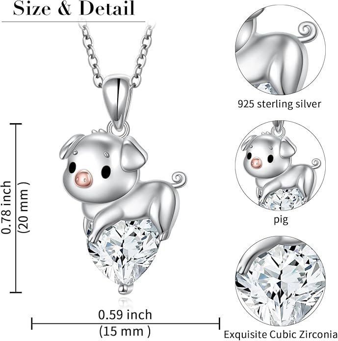 FLYOW Pig Necklace 925 Sterling Silver Cute Animal Necklace with Heart Blue CZ Piggy Pendant for Women Friend Pig Lovers Birthday Graduation Valentine's Day Anniversary Christmas Jewelry White/Blue