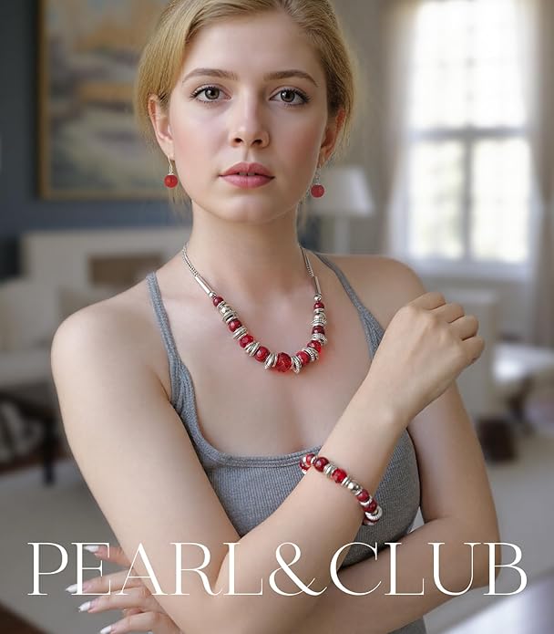 PEARL&CLUB Silver Beaded Statement Necklaces for Women Chunky Bead Necklace Bracelet and Earring Costume Jewelry Sets Gifts for Mom