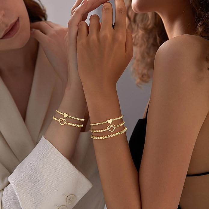 Turandoss Gold Bracelets for Women - Dainty 14K Gold Plated Bow Cross Beaded Bracelets for Women Stackable Heart Bead Bracelet Set Wave CZ Round Ball Bracelet Valentine's Day Gifts for Her