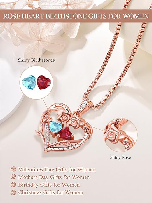 Rose Heart Necklaces for Women, Rose Gold Forever Love Jewelry with 2 Birthstones Pendant,Valentines Anniversarry Birthday Gifts for Her Wife Mom Grandma Daughter, 18+2 Inch Chain