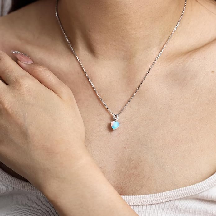 Agvana Valentines Day Gifts 14K White Gold Gemstone Pendant with Sterling Silver Chain 8mm Heart Birthstone Necklace for Women Fine Jewelry Anniversary Birthday Gifts for Women Mom Wife Girlfriend Her