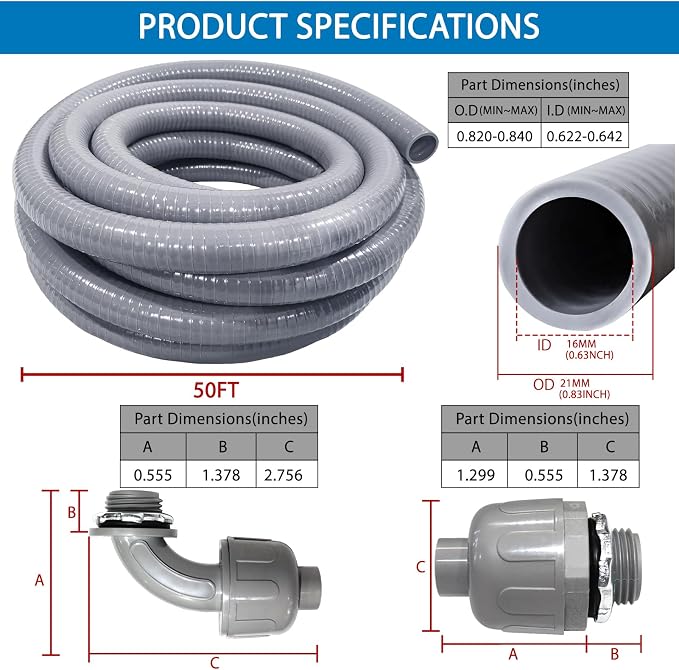 Liquid-Tight Conduit 50 ft 8 Pieces Connector Kit, Electrical Conduit 1/2 | - Image 2