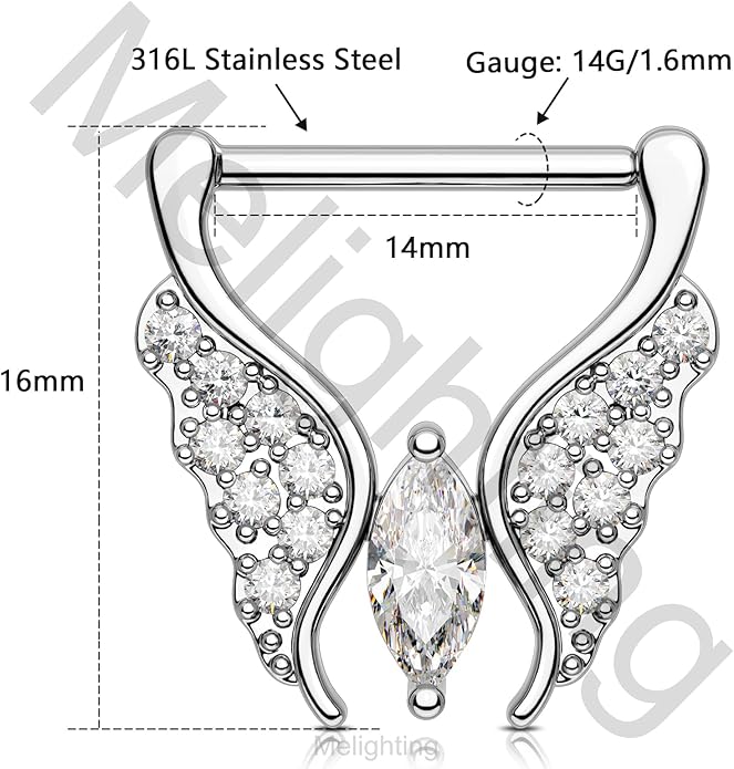 Melighting Butterfly Nipple Rings 14G Nipple Piercing 316L Stainless Steel Nipple Clicker Nipple Jewelry Clear CZ Nipple Piercing Jewelry For Women 14 mm
