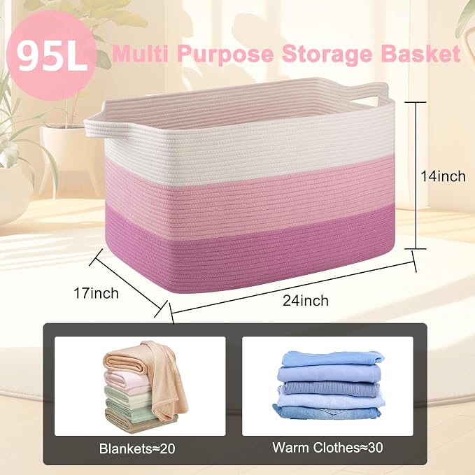 OIAHOMY Extra Large Blanket Basket, 95L Cotton Rope Woven Laundry Basket - Image 4