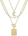 MJartoria Layered Initial Necklaces for Women Trendy, 14K Gold Plated Brass Simple Moon Choker Square Letter Pendant Necklace, Paperclip Chain Necklaces Jewelry Gifts