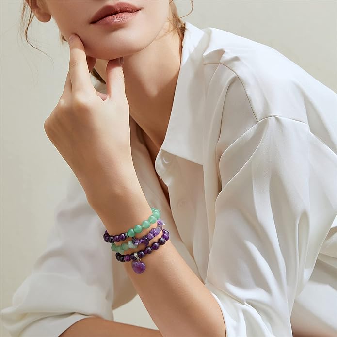 Healing Crystal Beaded Bracelets for Women,Natural Amethyst Gemstones Bracelet,Anxiety Stress Relief Heart Charm Bracelet Handmade purple Jewelry Gifts for Women