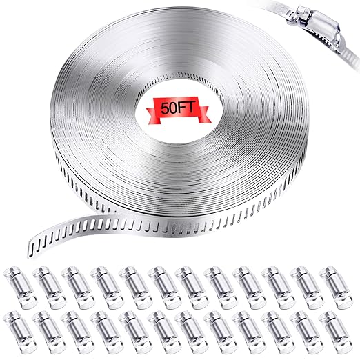 304 Stainless Steel Hose Clamp Assortment Kit, DIY 50FT Metal Strap + 24 by maierke