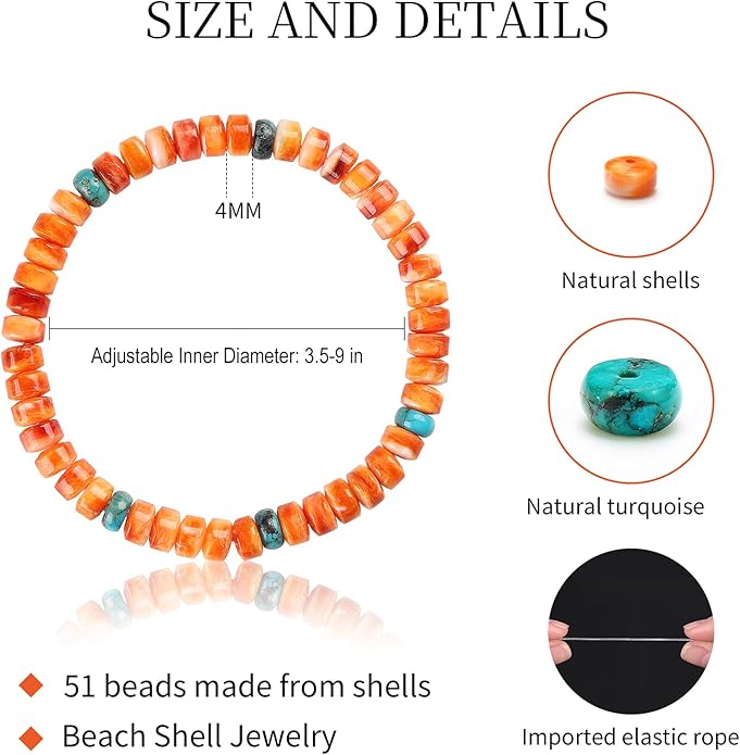 Puka Shell Bracelet Boho Adjustable Orange Beaded Surfer Anklet Handmade Natural Shell Jewelry Unisex Men Women Everyday Versatile Hawaiian Style