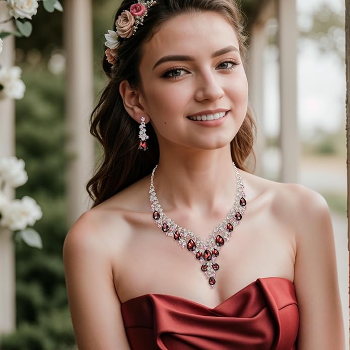 BriLove Women's Wedding Bridal Austrian Crystal Teardrop Flower Cluster Statement Necklace Dangle Earrings Jewelry Set for Party Prom