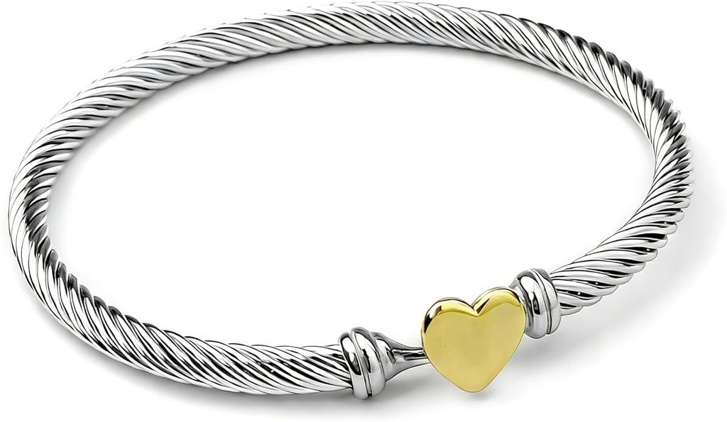 Decpro Adjustable Twist Stainless Steel Cable Bracelet with 14K Gold Plated Love Heart Charm - 4MM Open Bangle Cuff for Women & Men, Gift for Friends, Family, Valentine (6-8cm)