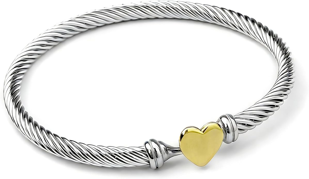 Decpro Adjustable Twist Stainless Steel Cable Bracelet with 14K Gold Plated Love Heart Charm - 4MM Open Bangle Cuff for Women & Men, Gift for Friends, Family, Valentine (6-8cm)