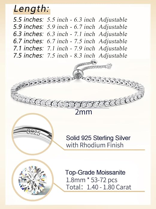 2mm/3mm Moissanite Adjustable Tennis Bracelet for Women, Authentic Solid 925 Sterling Silver, 5.5-7.5inch (14-19cm) with 2cm Extender Chain, Birthday Valentines Wedding Anniversary Ideal Gift for Her