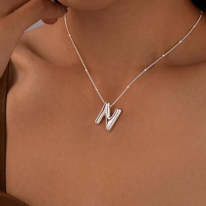 Inerney Valentines Day Gifts Gold Bubble Letter Necklace Initial Necklaces for Women, Chunky 14K Plated Balloon Initials, Trendy Charm Non Tarnish Custom Name Pendant Jewelry Gifts for Mom