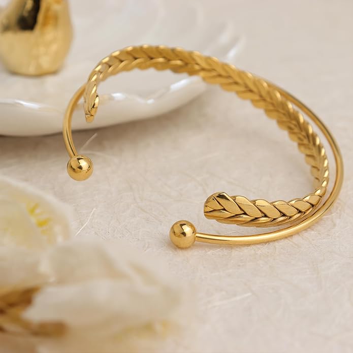 Dainty Gold Cuff Bracelets Set for Women, Non Tarnish Statement Wide Bangle Adjustable Wheat Braided Twisted Open Bracelet Beach Wedding Fashion Jewelry Gifts.