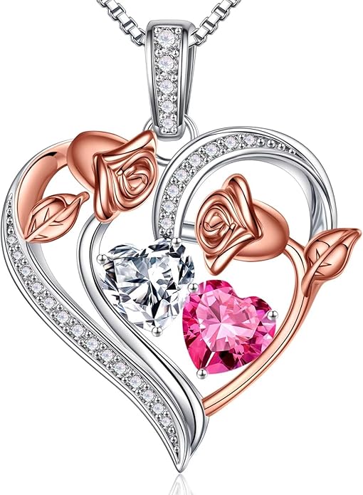 Iefil Valentines Day Gifts for Her - 925 Sterling Silver Rose Heart Necklace, Birthstone Jewelry, Anniversary Birthday Gifts for Wife Girlfriend Mom Daughter