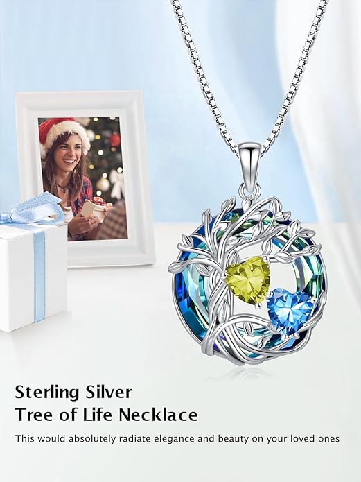 TOUPOP s925 Sterling Silver Family Celtic Tree of Life Pendant Necklaces with 2 Heart Birthstone with Blue Austrian Crystal Jewelry Birthday Valentines Day Gifts for Her, Anniversary Christmas Gifts for Wife Girlfriend Mom (18K Real White Gold Filled)