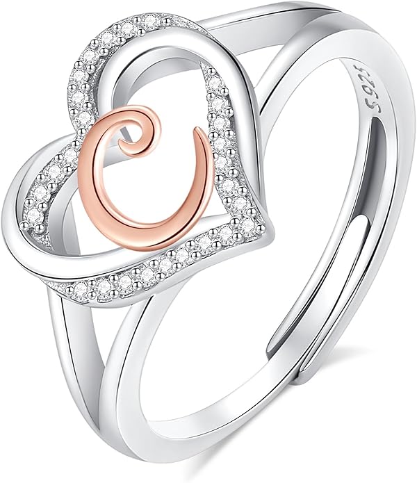 INFUSEU 925 Sterling Silver Initial Heart Ring for Women Girls, Adjustable Size