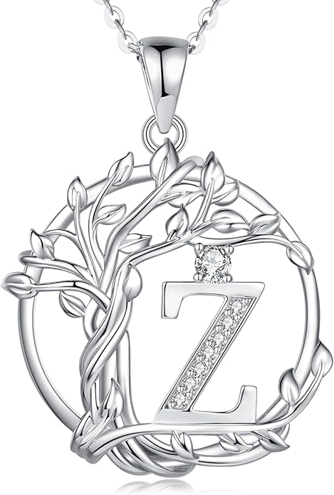 FANCIME Tree of life Initial necklaces for women, Sterling Silver Tree Jewelry Simulated Diamond Letter Pendant Cubic Zirconia CZ Personalized Birthday Mothers Day Gifts for Mom Wife Her