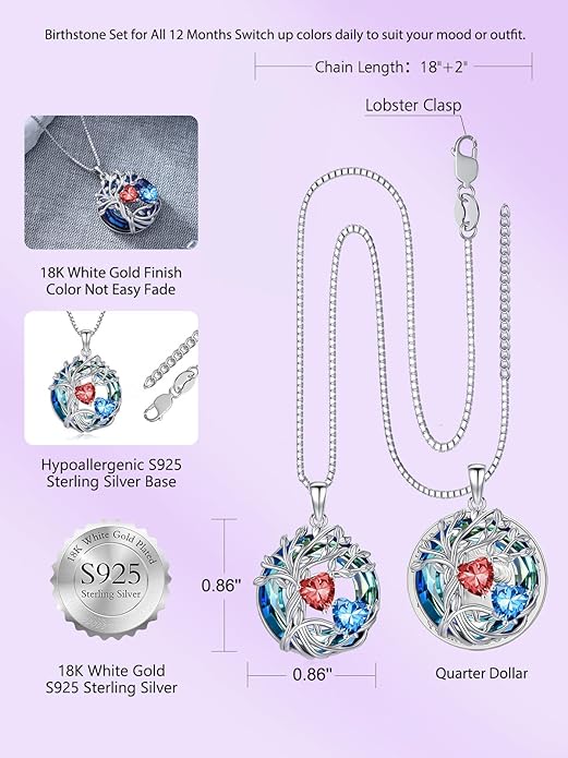 TOUPOP s925 Sterling Silver Family Celtic Tree of Life Pendant Necklaces with 2 Heart Birthstone with Blue Austrian Crystal Jewelry Birthday Valentines Day Gifts for Her, Anniversary Christmas Gifts for Wife Girlfriend Mom (18K Real White Gold Filled)