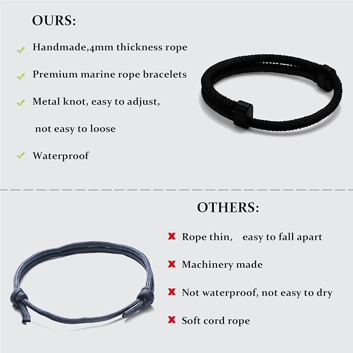 TempBeau Nautical Braided Rope Bracelets Set - 6 Pcs Adjustable Braided Cord Bracelet, Handmade Navy Marine String Bracelet with Metal Knot, Men Women Braided Bracelets Gifts