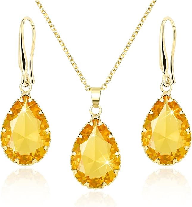 Linawe Crystal Jewelry Sets for Women, Imitation Diamond Pendant Necklace, Rhinestone Drop Dangle Earrings, Birthstone Cubic Zirconia Matching Wedding Jewelry, 14K Gold/Rose Gold/Silver Tones