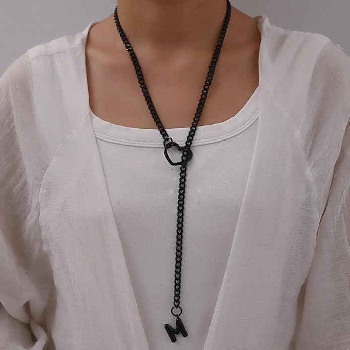 Black Heart Slip Chain Initial Necklaces for Women,Stainless Steel O-Ring Adjustable Lariat Heart Y-Necklace,Punk Gothic Cuban Collar Choker Necklace for women