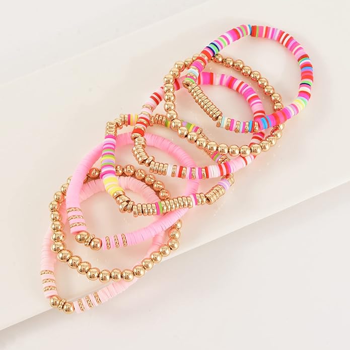 GOOJIDS Surfer Heishi Clay Bead Bracelets for Women Bohemian Stackable Gold Plated Beaded Stretch Bracelets Elastic Layering Friendship Bracelets Set Boho Jewelry