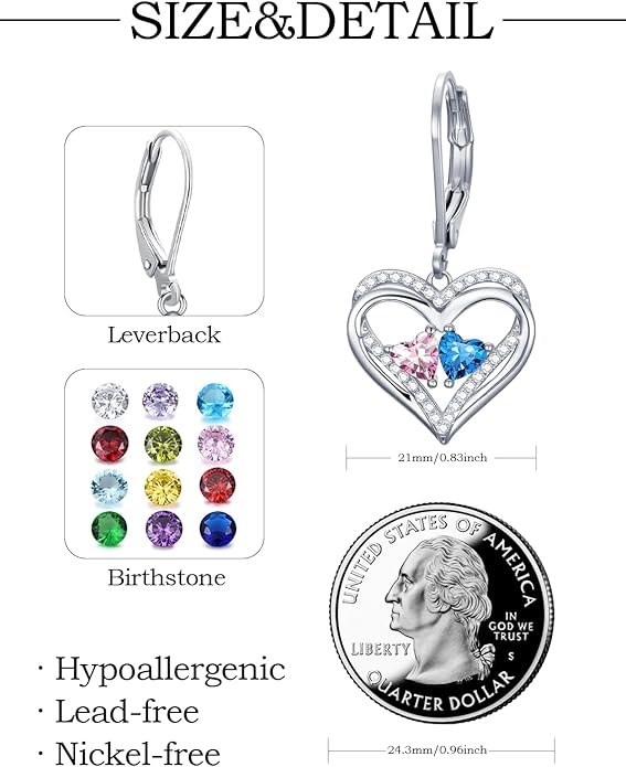 Valentines Day Gifts for Women, Heart Leverback Earrings Double Birthstone Dangle Earrings for Women, Love Jewelry for Her, Anniversary Birthday Gift for Mom Wife Girlfriend