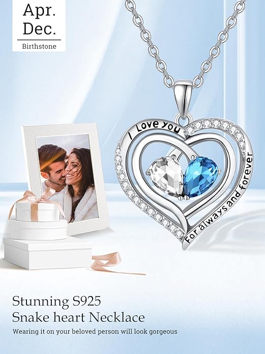 Valentine's Day Gifts for Wife 925 Sterling Silver Double Birthstone Pendant Necklaces I Love You for Always and Forever Necklace Anniversary Birthday Gifts for Wife Girlfriend Mom Her